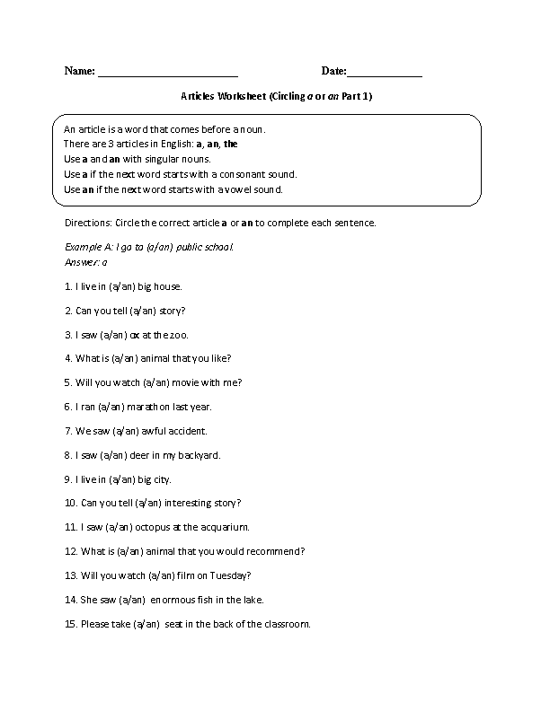 A or An Article Worksheet