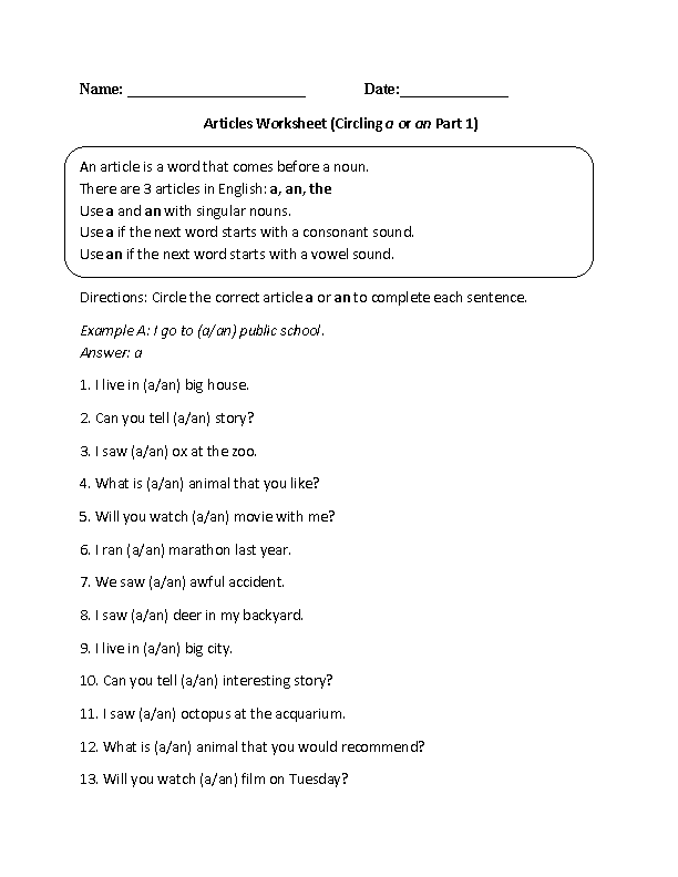A, An, or The Articles Worksheet