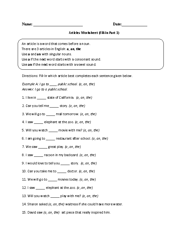 Fill-In Article Worksheet