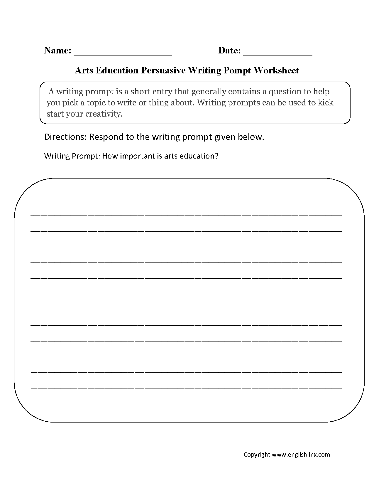 Arts Education Persuasive Writing Prompt Worksheets