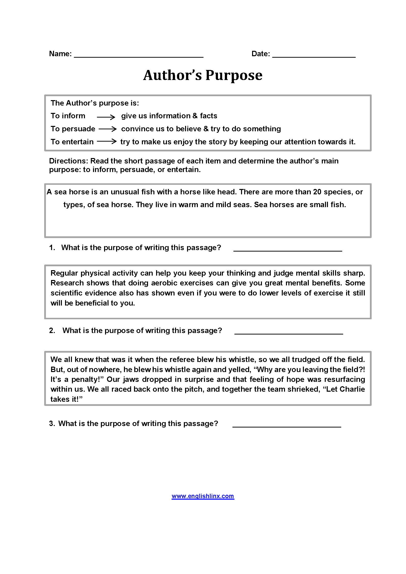 Author's Purpose Worksheets