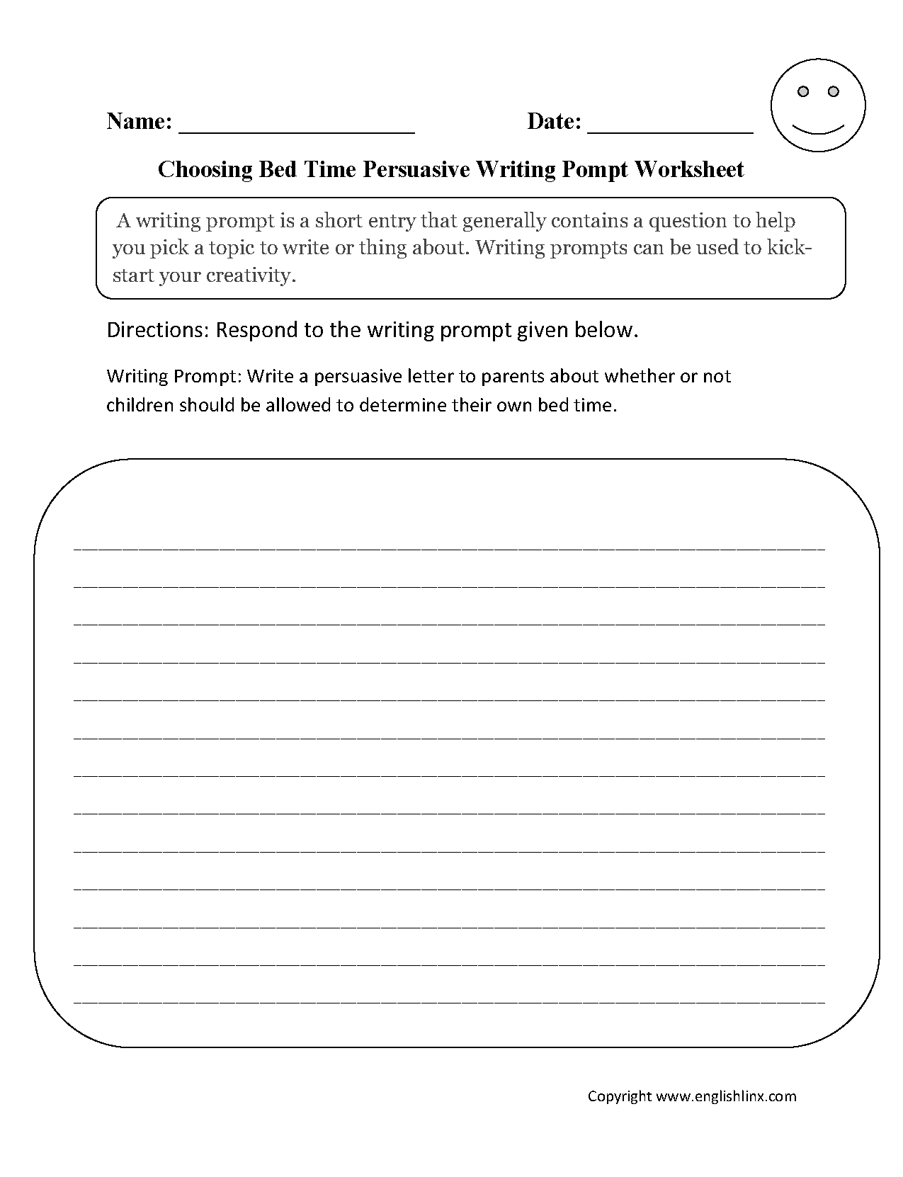 Bed Time Persuasive Writing Prompt Worksheet