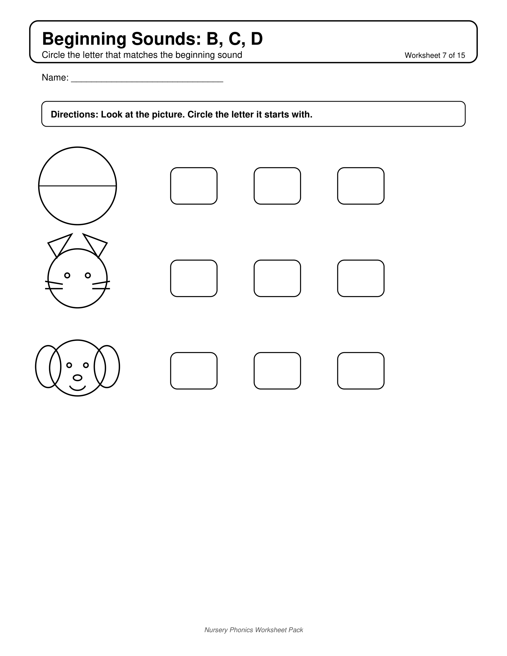 Beginning B C D Phonics Worksheets for Nursery