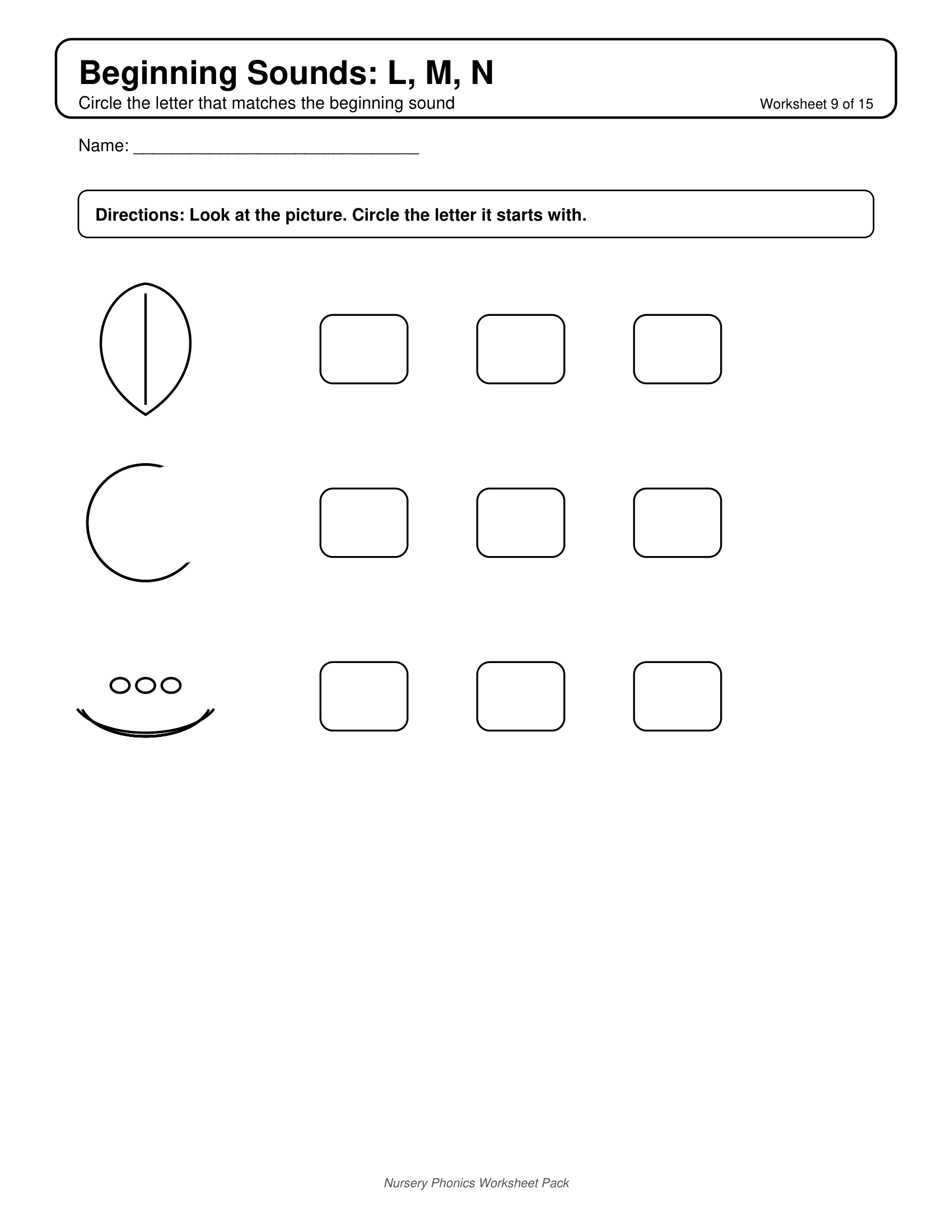 Beginning L M N Phonics Worksheets for Nursery