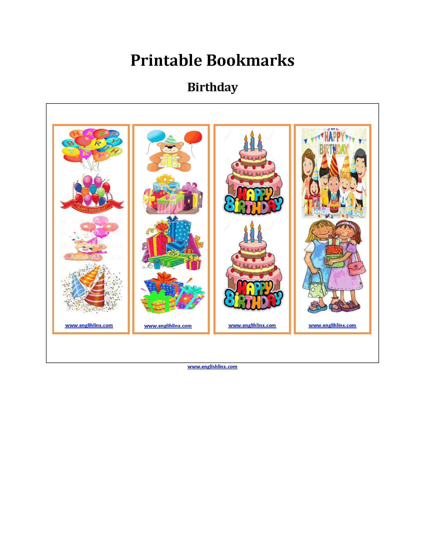 Birthday Printable Bookmarks Worksheets