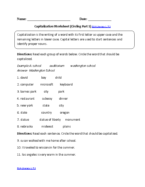 Capitalization Worksheet ELA-Literacy.L.7.2 Language Worksheet