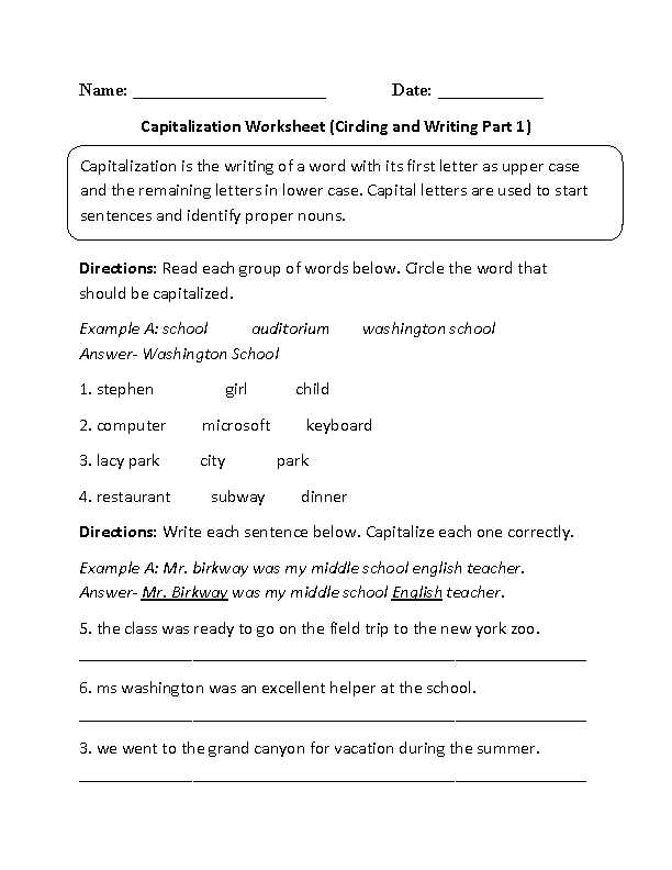 Writing Sentences with Capitalization Worksheet
