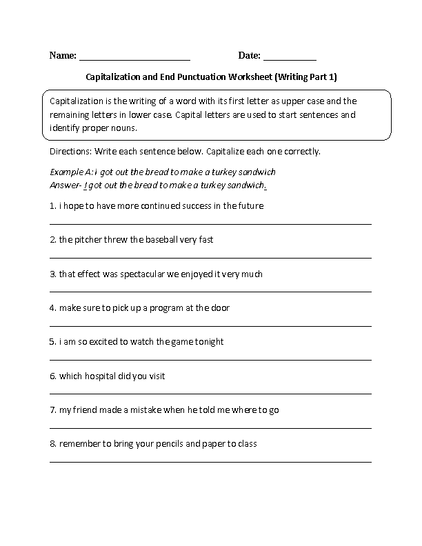 Capitalization Worksheets Capitalization And End Punctuation 