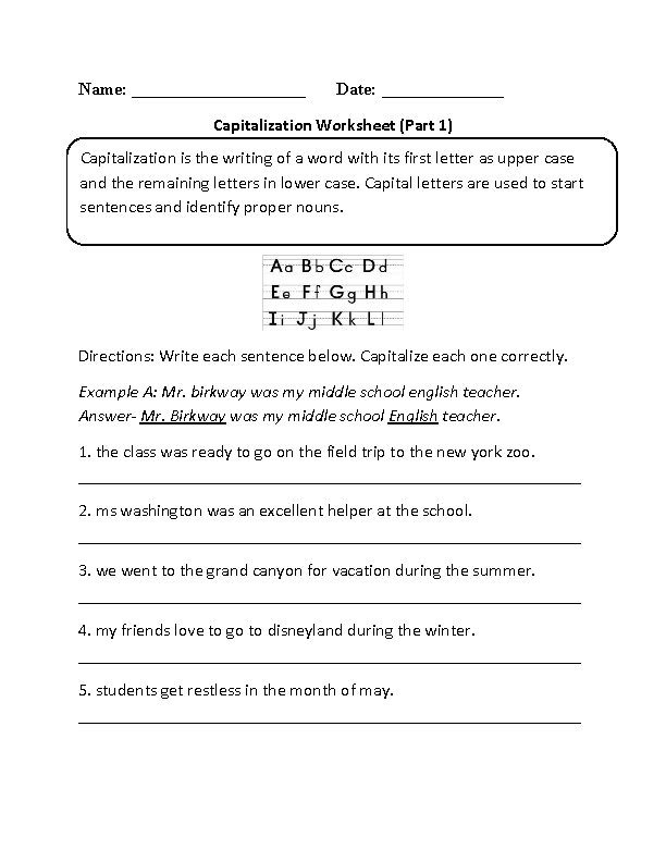 Writing Sentences with Capitalization Worksheet
