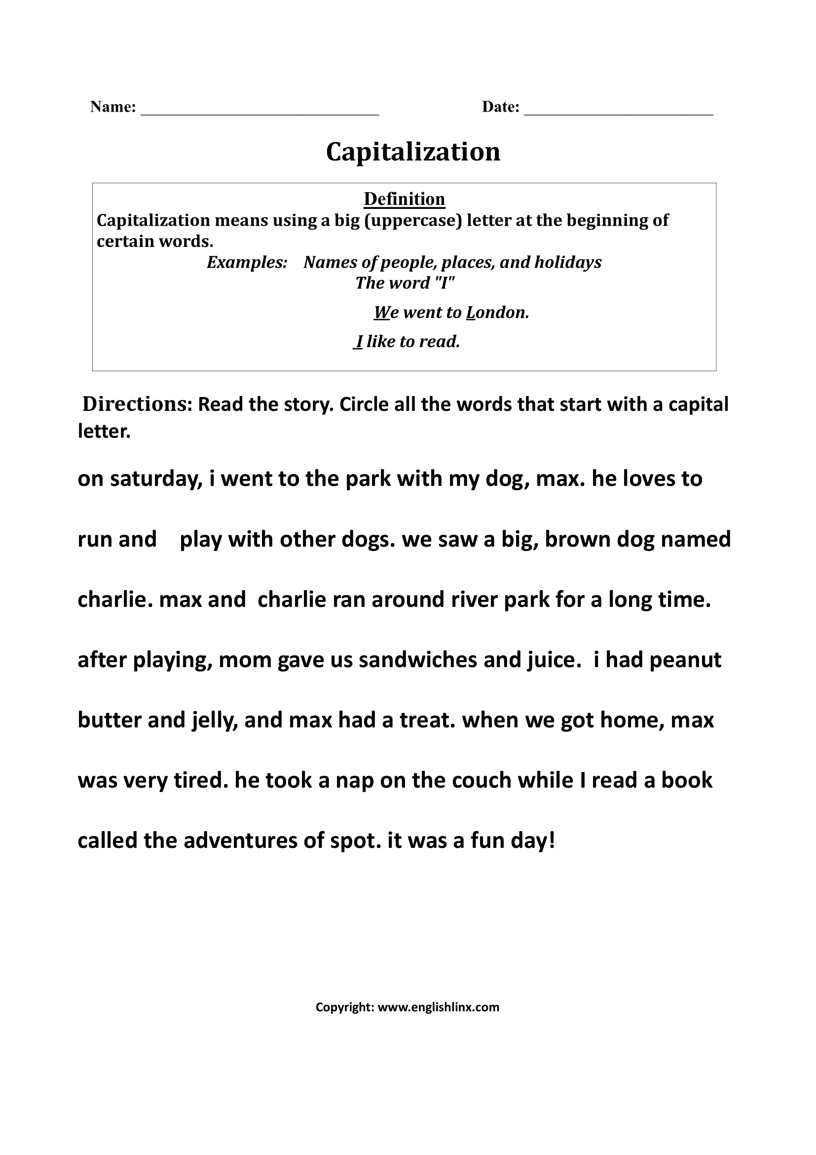 3rd Grade Writing Worksheets | Capitalization