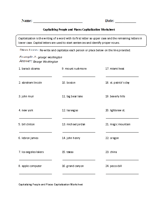 Capitalizing People and Places Worksheet