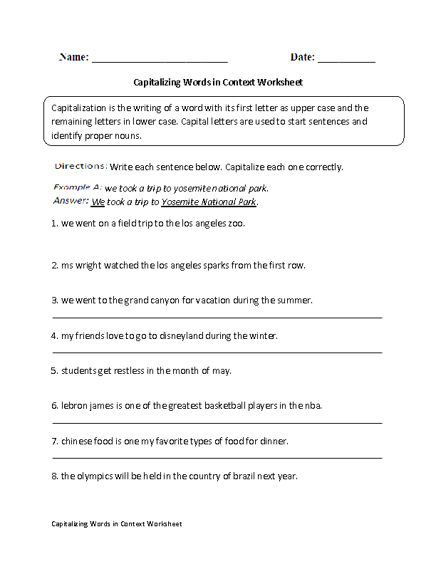 Capitalizing Words in Context Worksheet