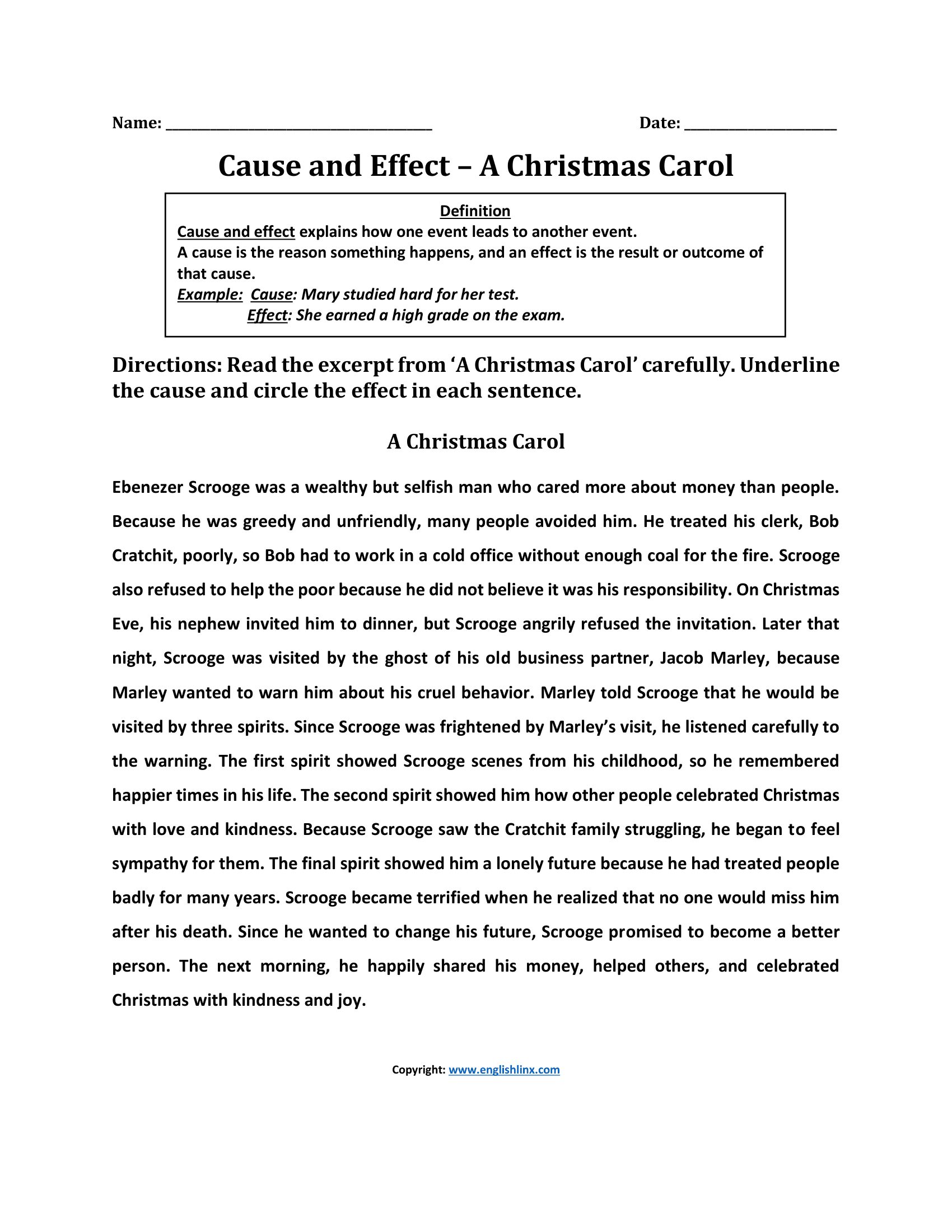 Christmas Carol Cause and Effect Worksheet