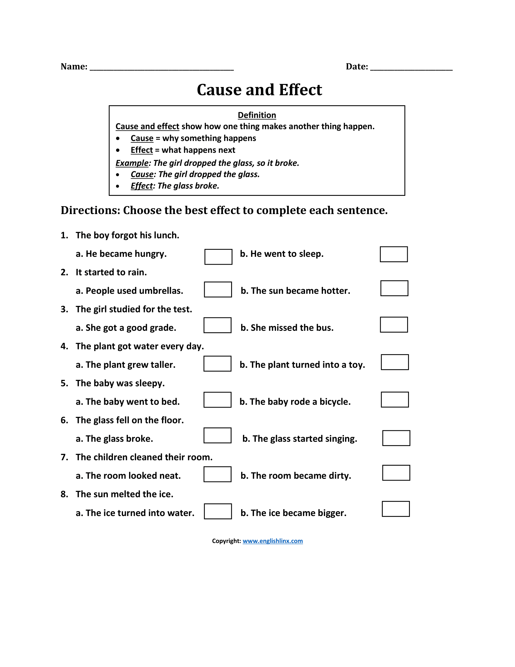 Kindergarten through Fifth Grade Cause and Effect Worksheet
