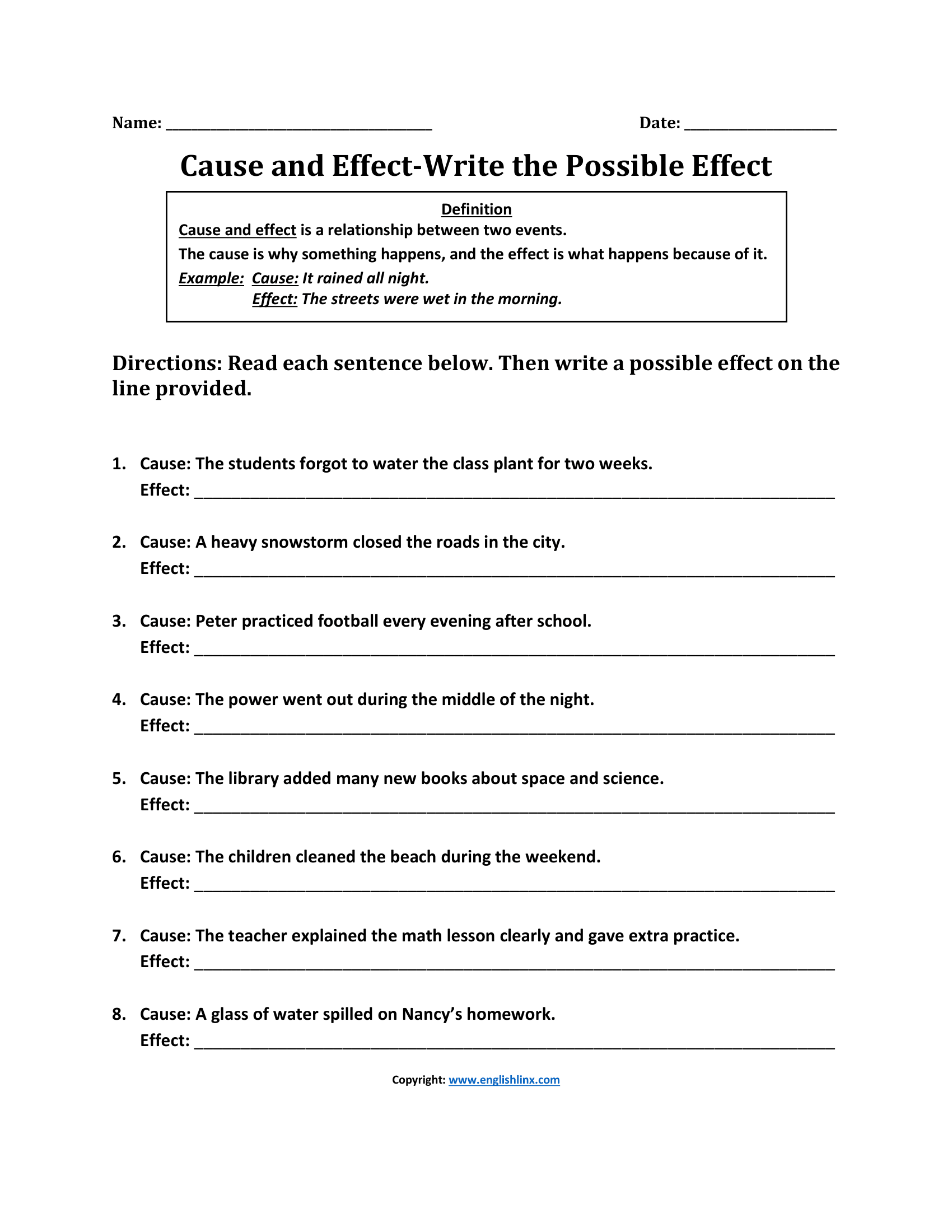 Write the Possible Cause and Effect Worksheet