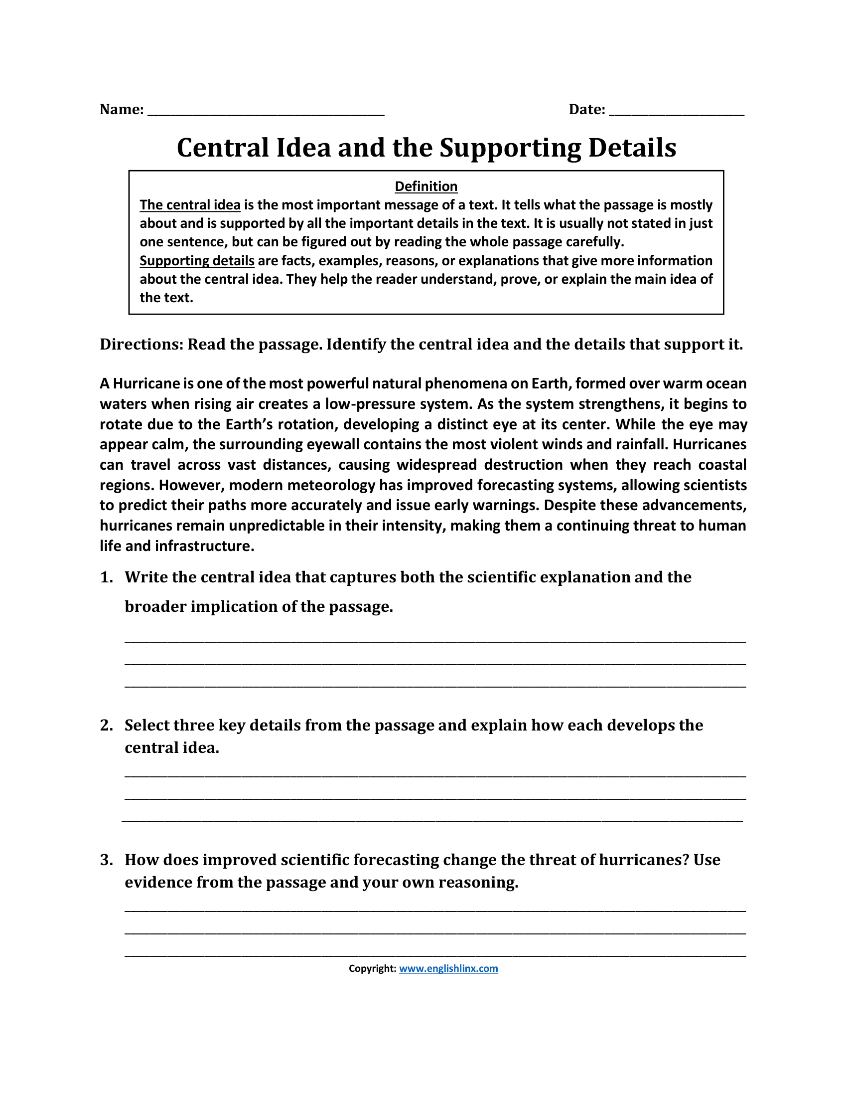 Central Idea Fun Central Idea Worksheets