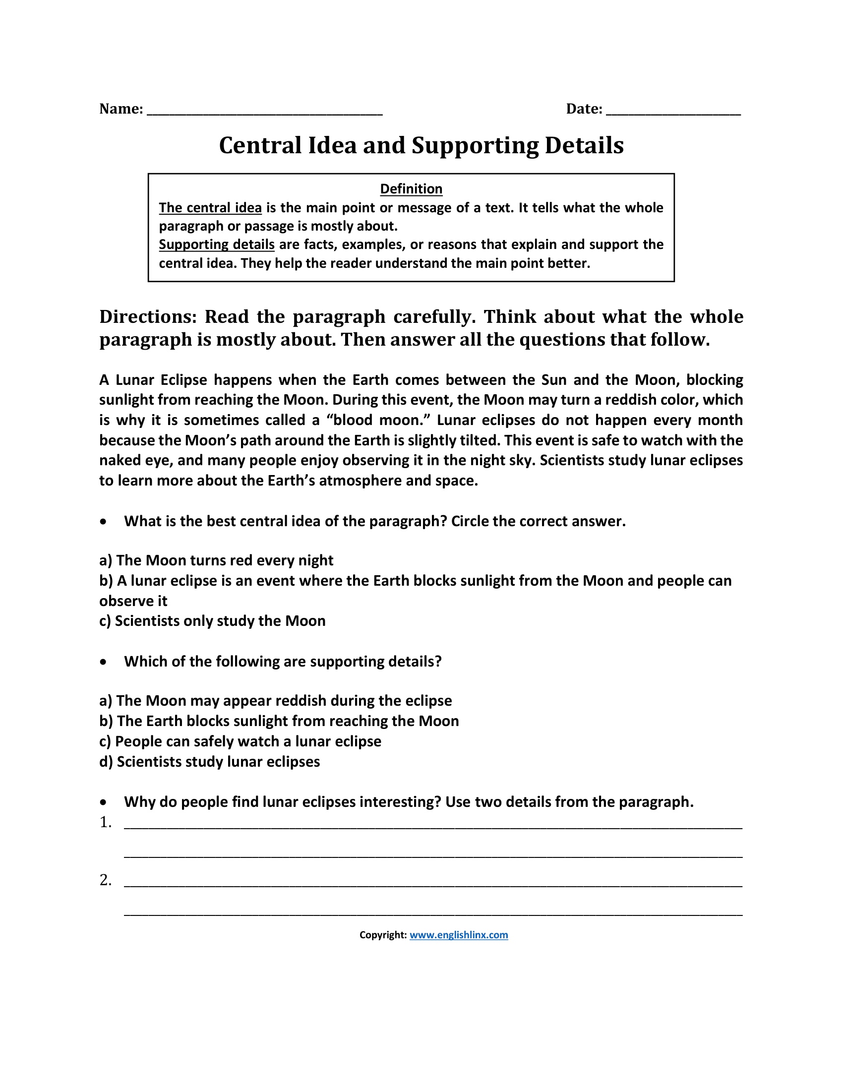 Central Idea and Supporting Details Central Idea Worksheets