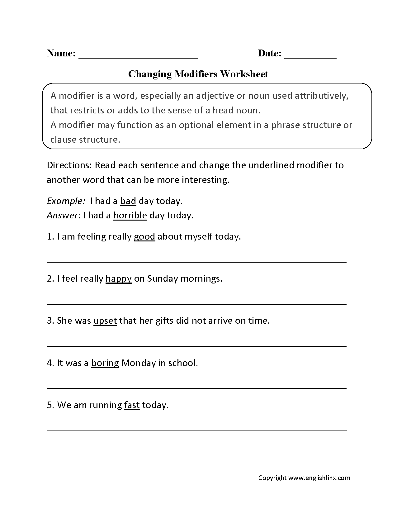 Using Modifiers Worksheets