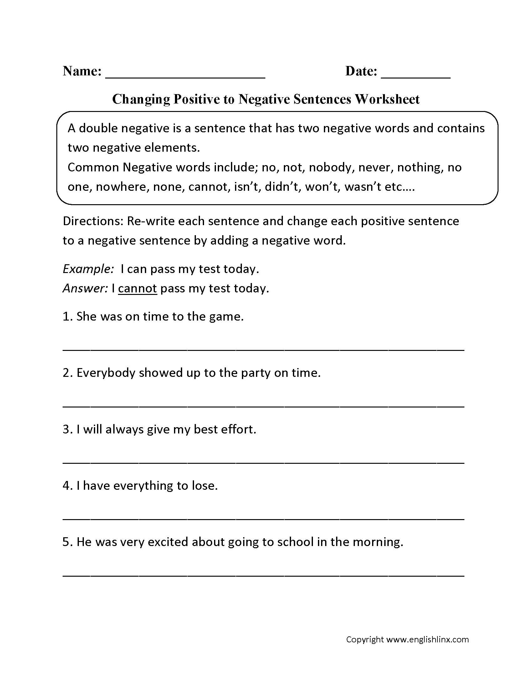 Changing Positive to Negative Sentences Worksheet