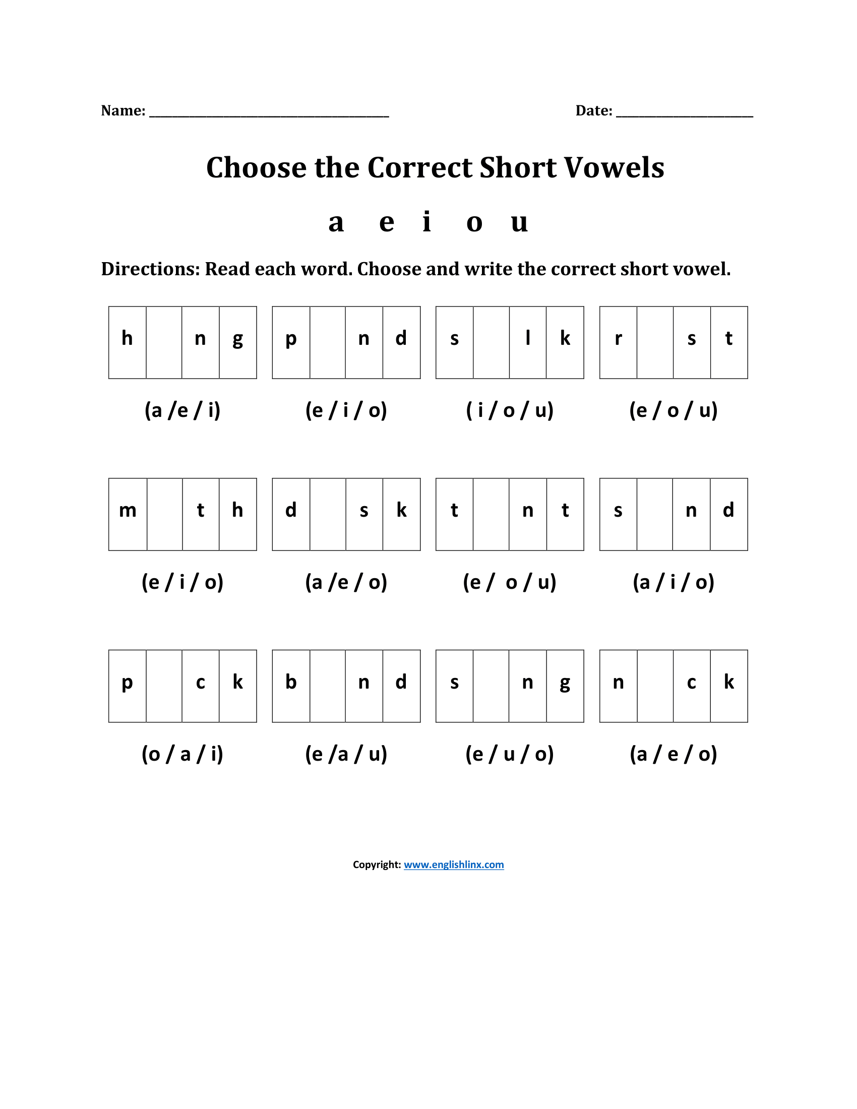 Choose the Correct Short Vowels Sounds Worksheets