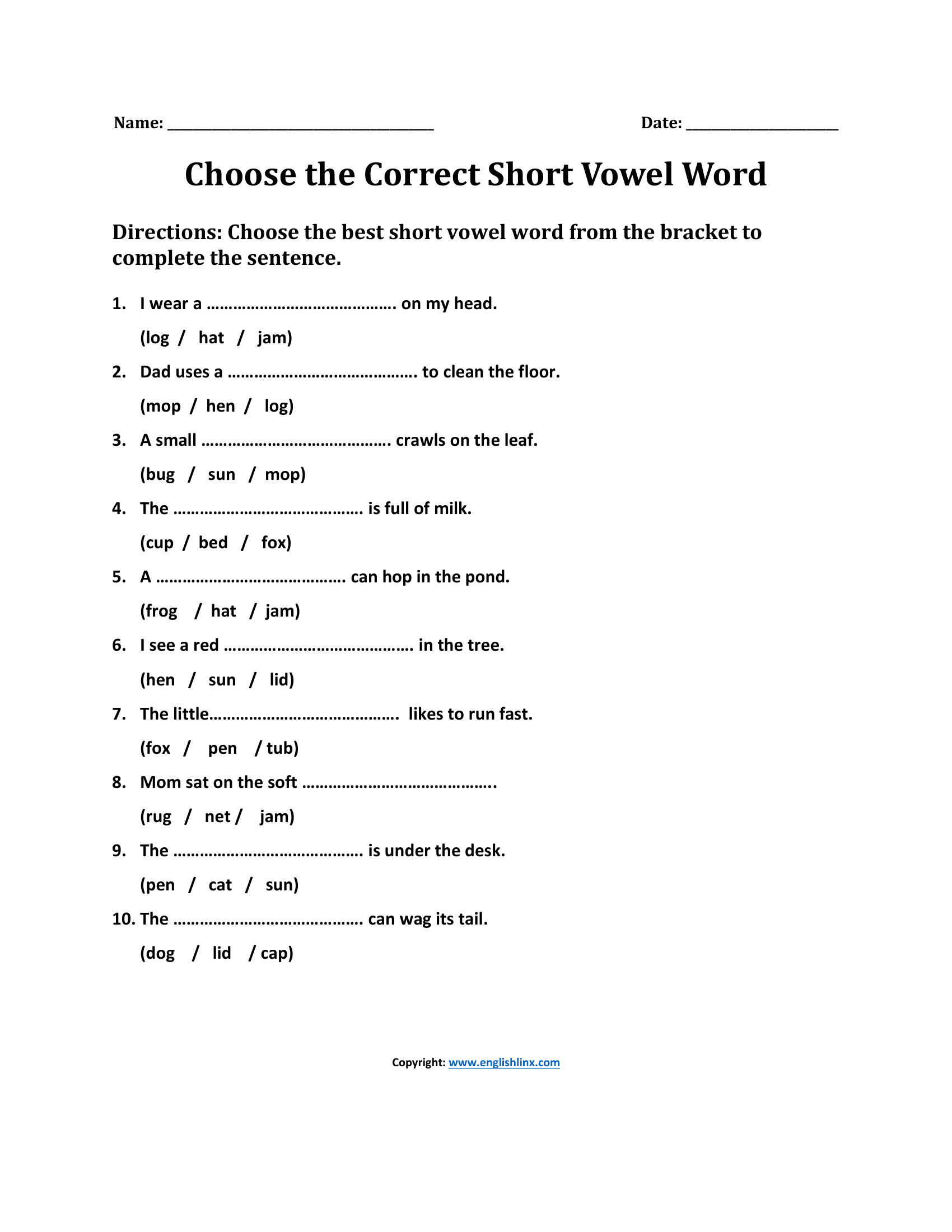 Choose the Correct Short Vowels Sounds Word Worksheets