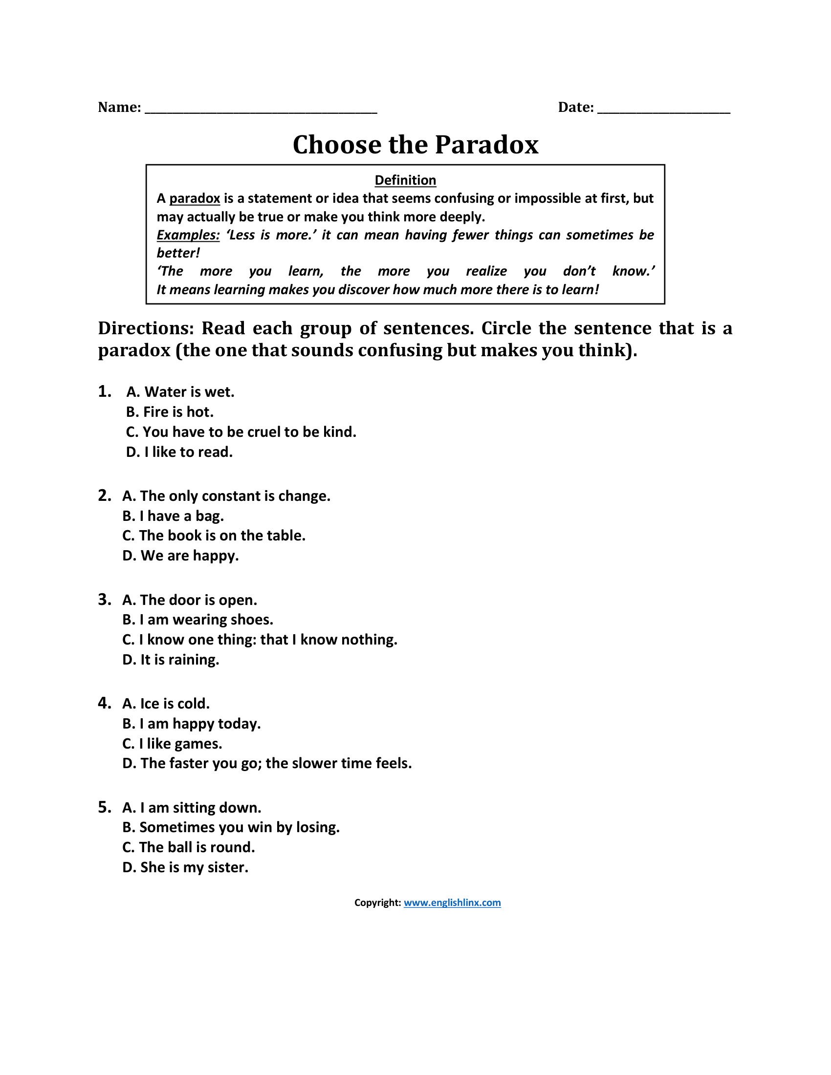 Choose the Paradox Worksheets