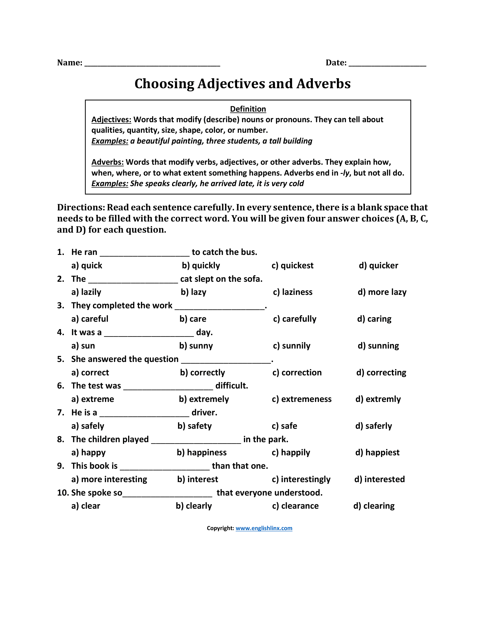 Choosing Adjectives and Adverbs Worksheet