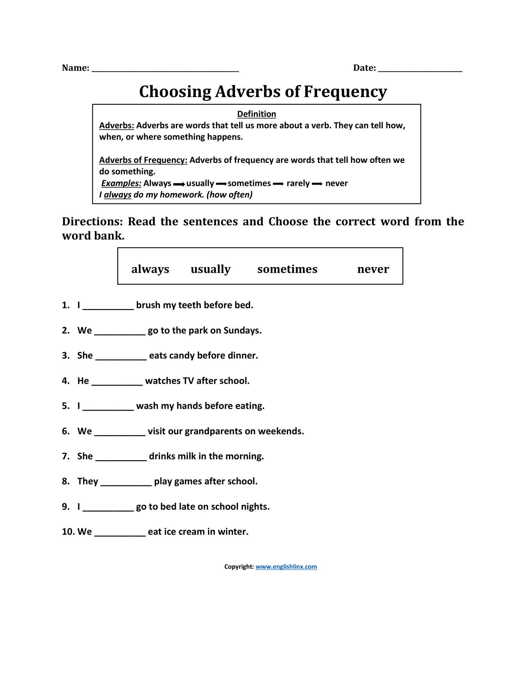Adverbs of Frequency Worksheets
