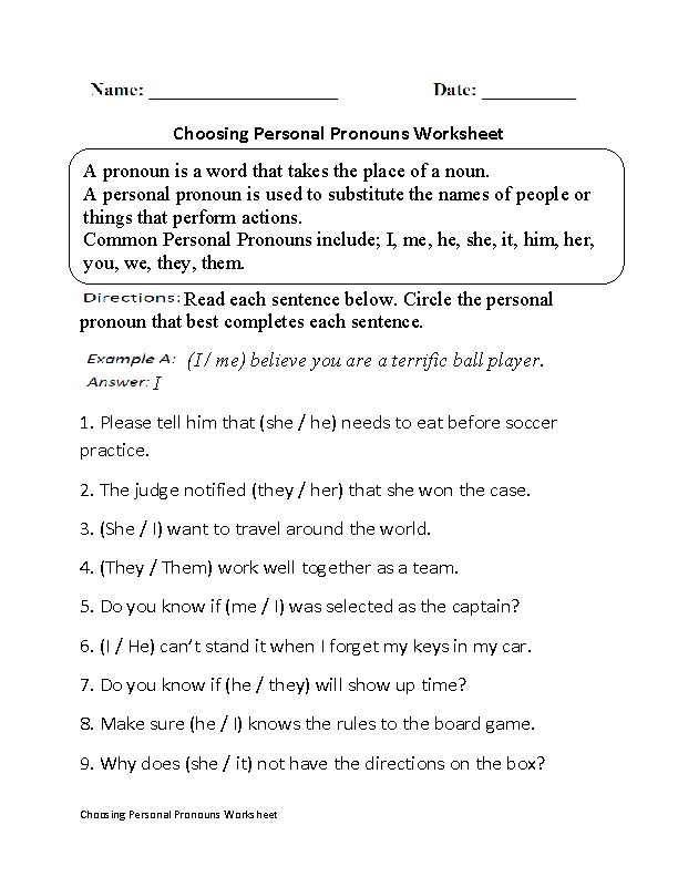 Choosing Personal Pronouns Worksheet