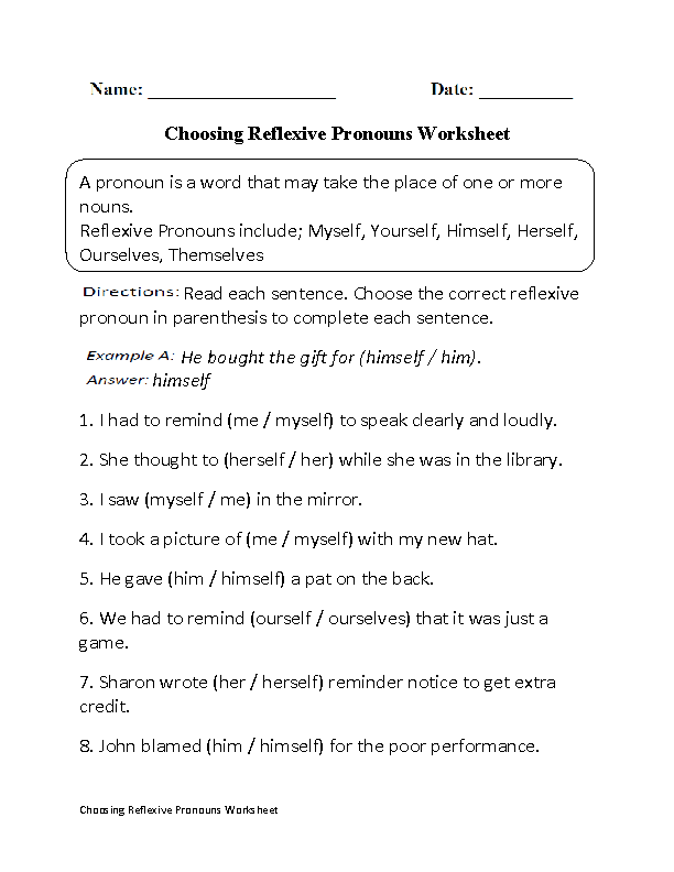 Choosing Reflexive Pronouns Worksheet