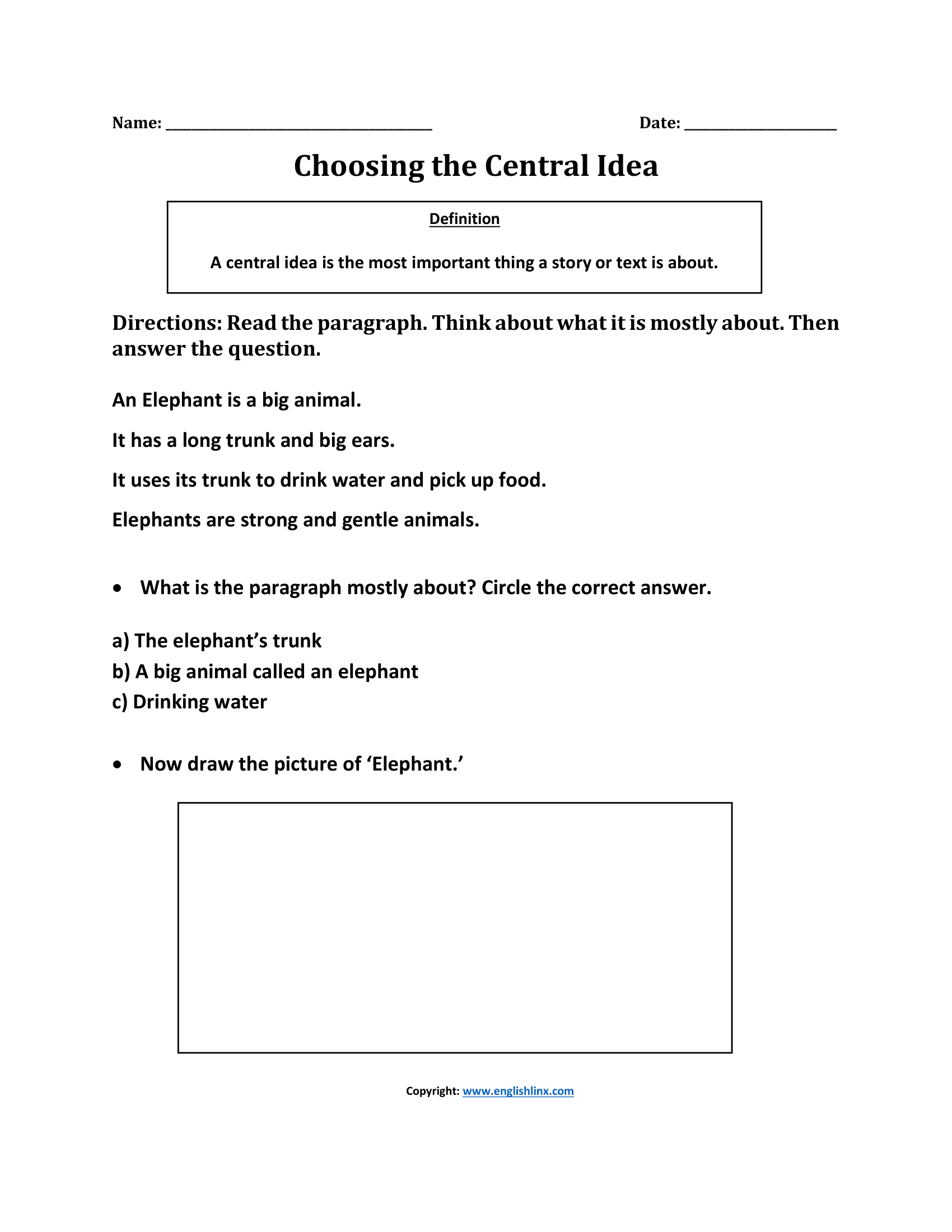 Choosing Central Idea Worksheets