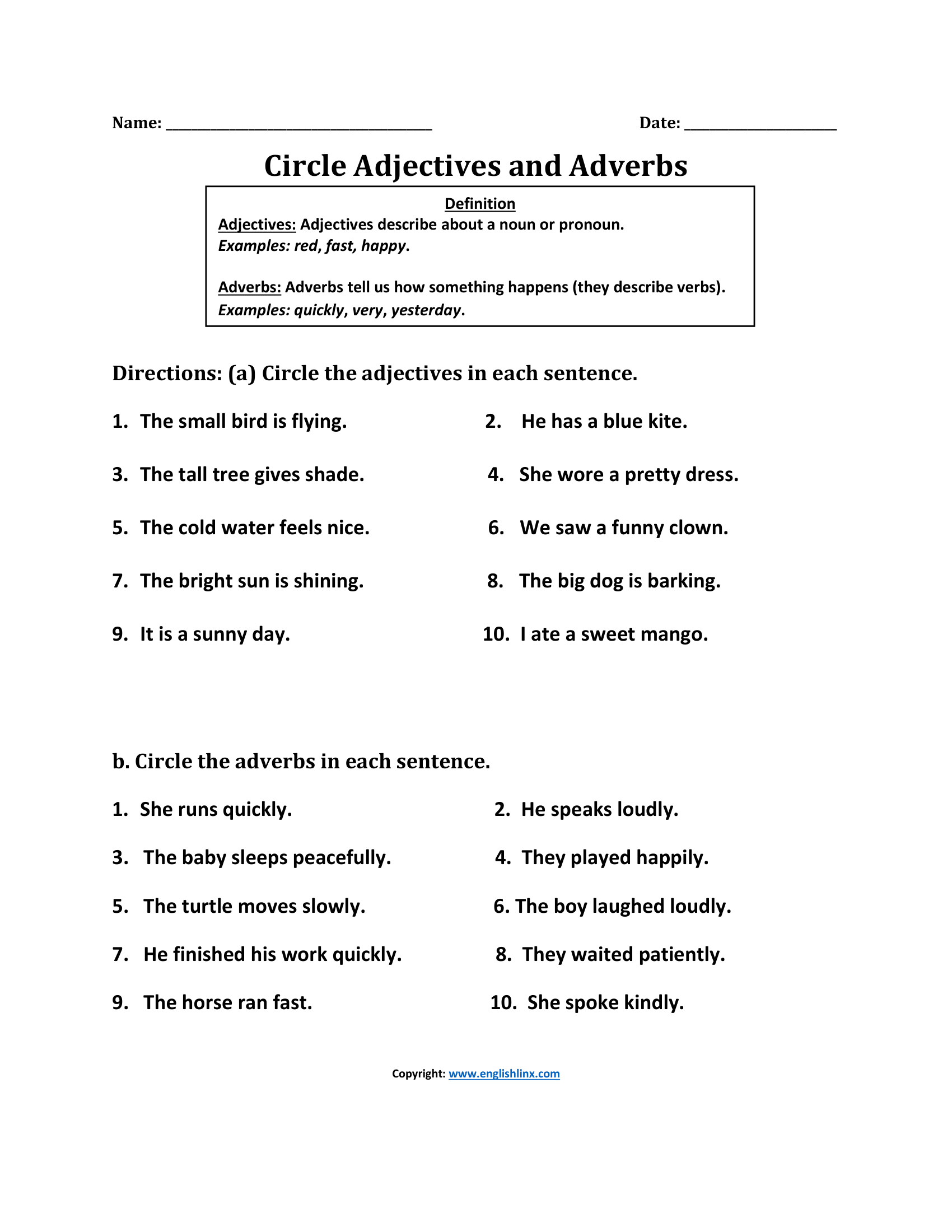 Circle Adjectives and Adverbs Worksheets