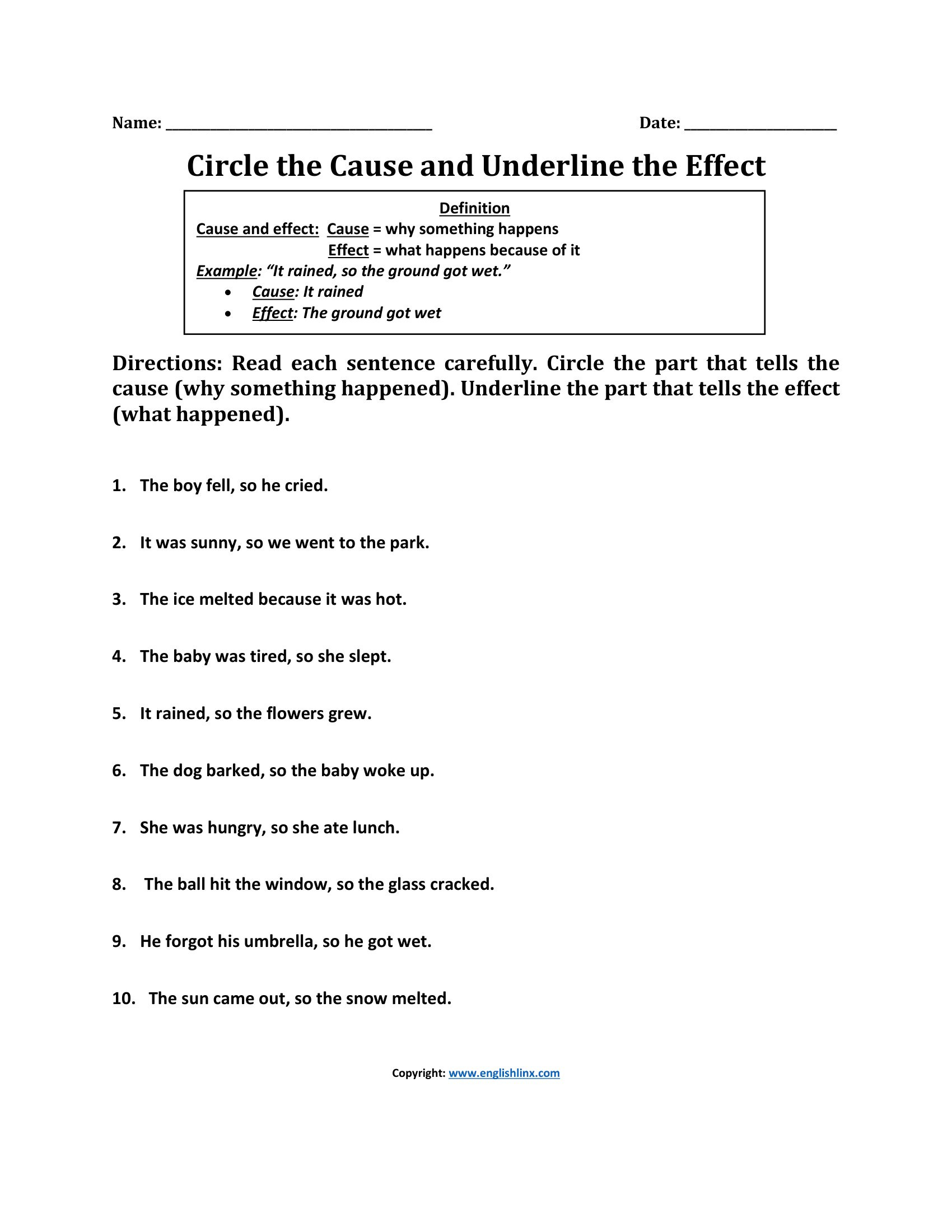 Underline the Effect Cause and Effect Worksheet