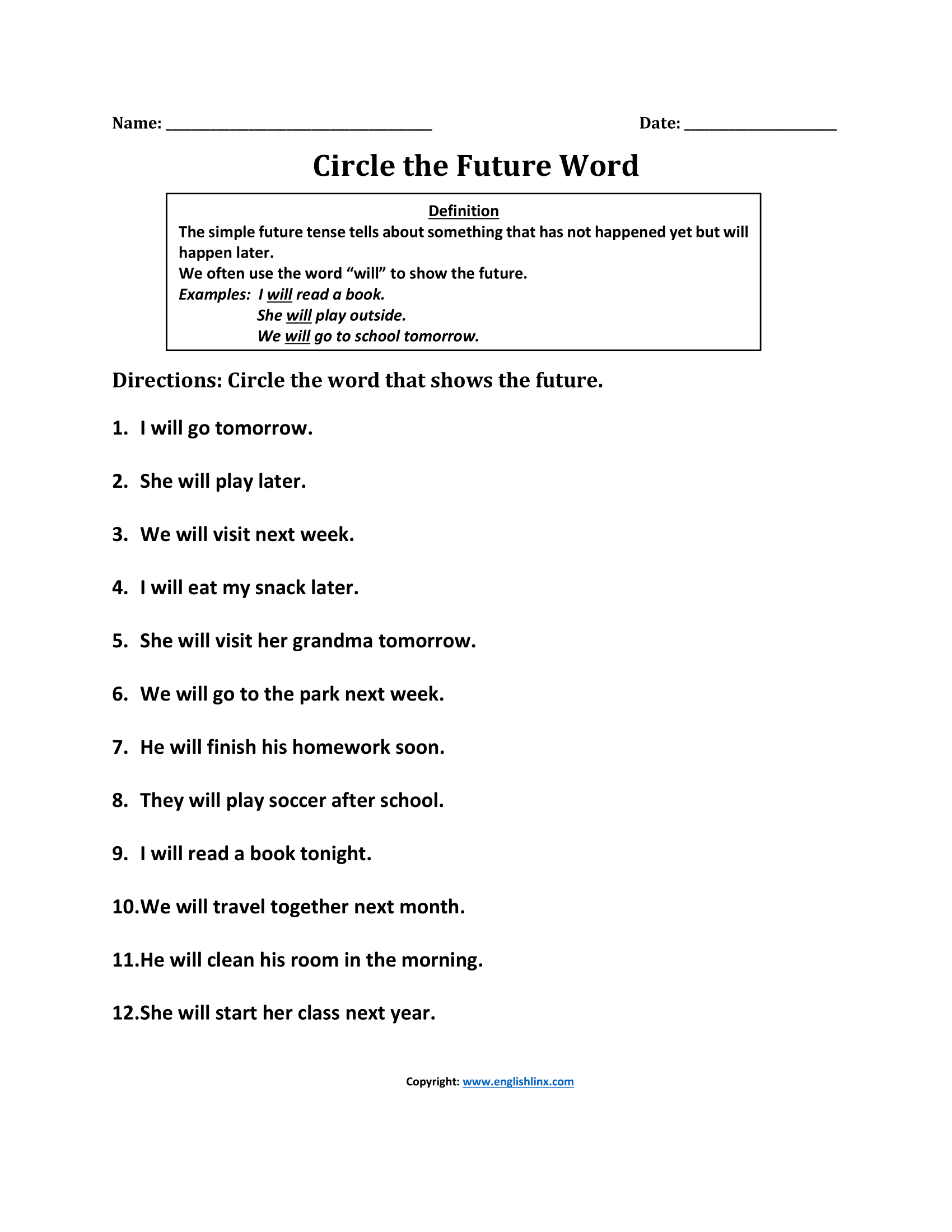 Cicle Future Word Simple Future Tense Worksheets