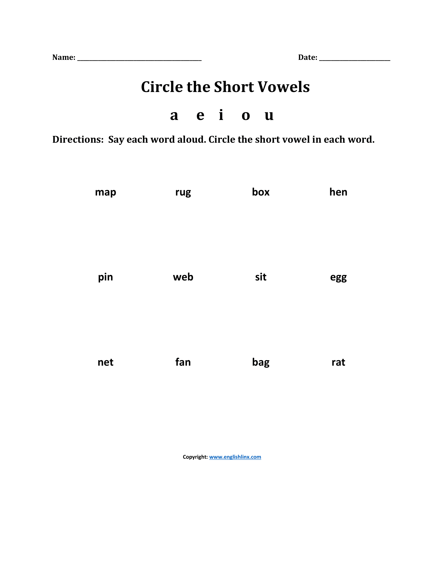 Short Vowels Sounds Worksheets