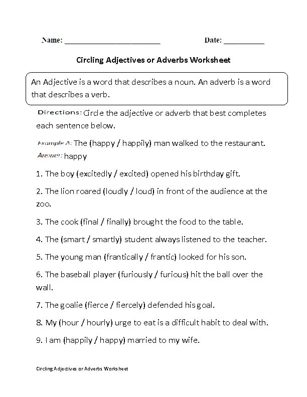 Adjectives or Adverbs Worksheets | Circling Adjectives or Adverb Worksheet