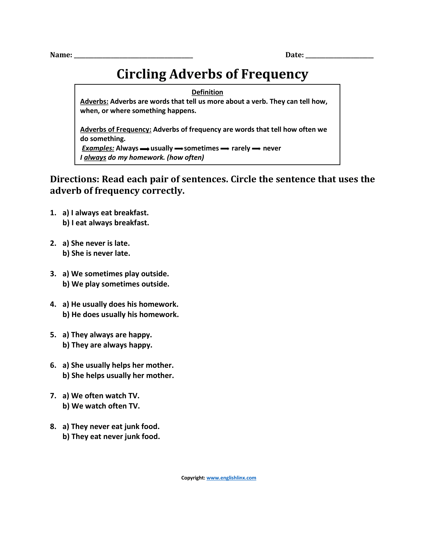 Circling Adverbs of Frequency Worksheets