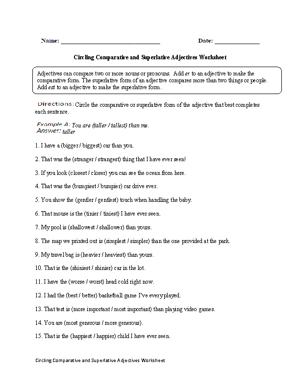 Comparative and Superlative Adjective Forms Worksheet