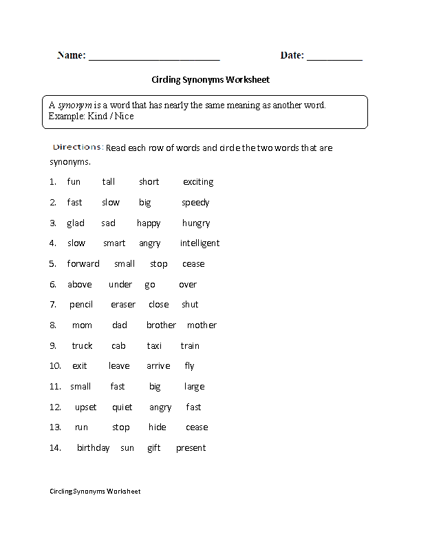 Synonyms Worksheets Circling Synonyms Worksheet