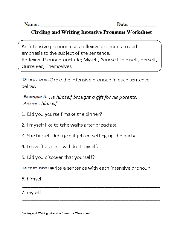 Intensive Pronouns Worksheets