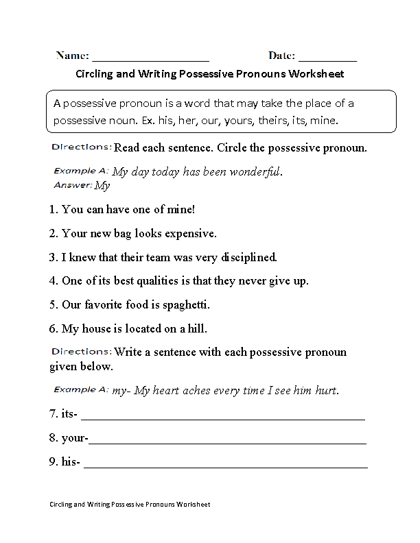 Circling and Writing Possessive Pronouns Worksheet