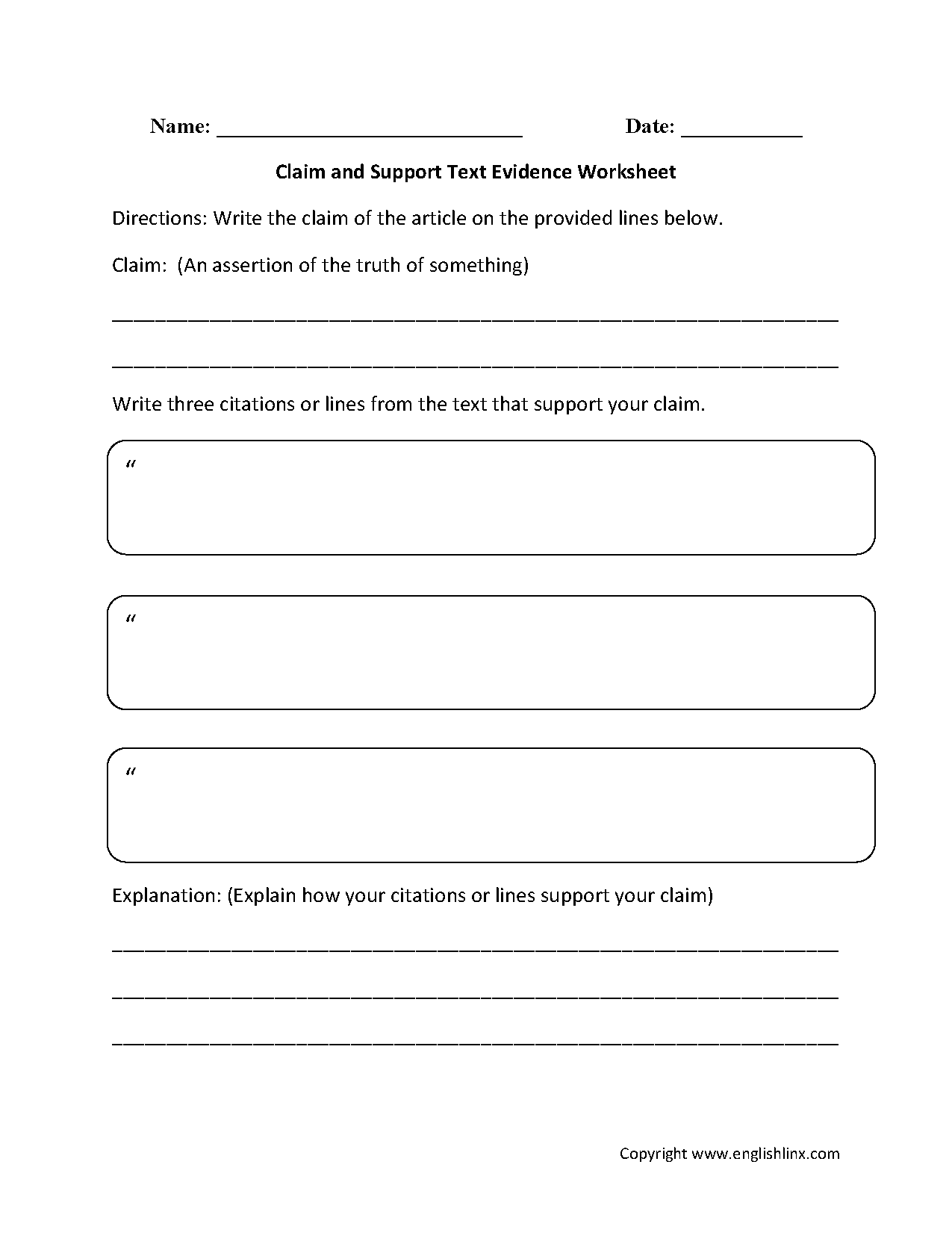 Claim and Support Text Evidence Worksheets