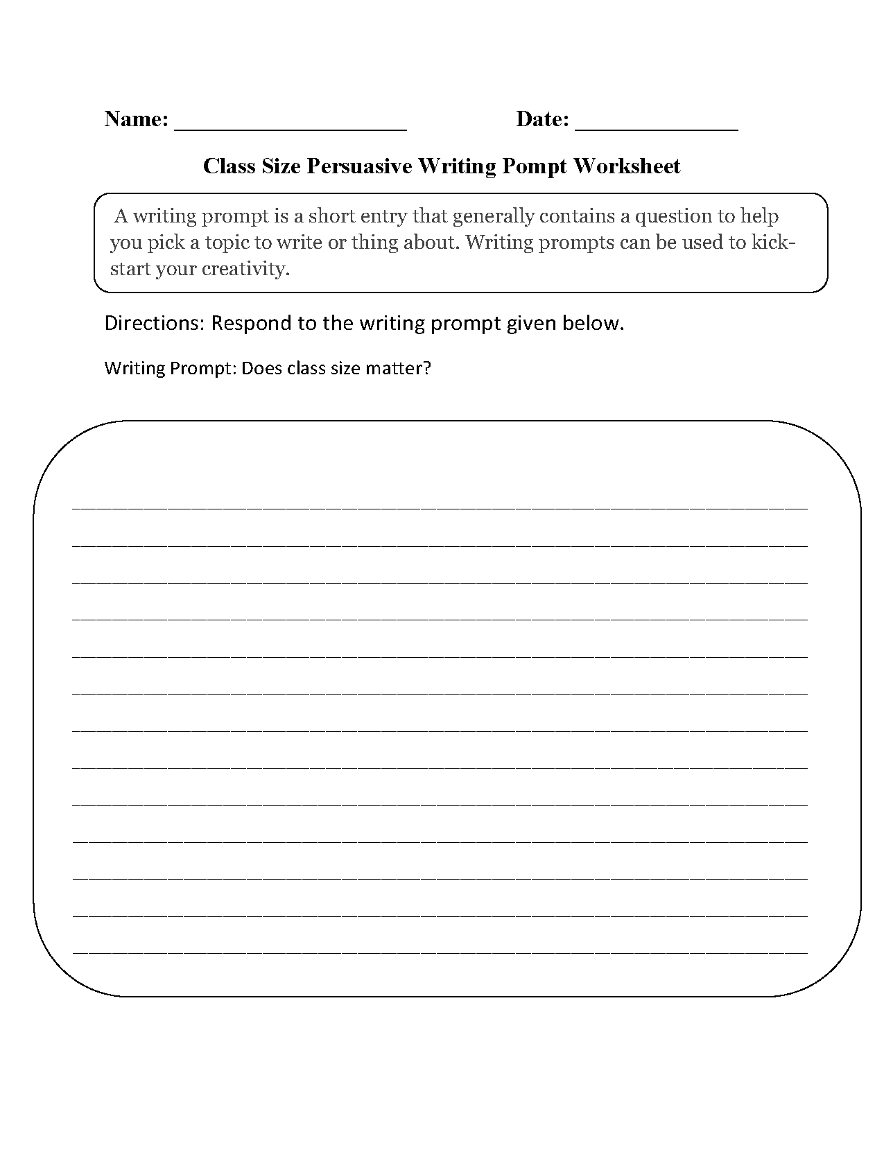 Class Size Persuasive Writing Prompt Worksheets
