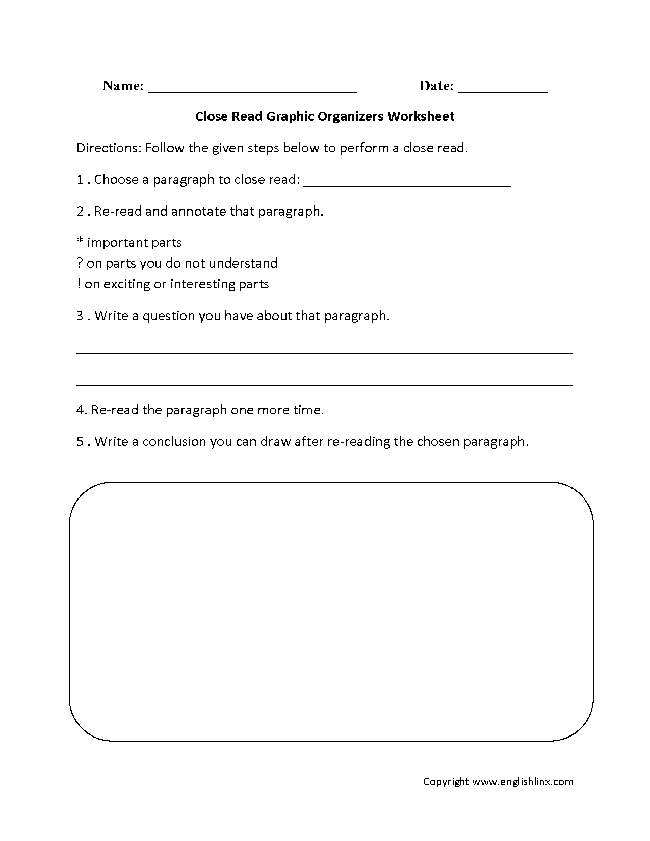 Close Read Graphic Organizers Worksheets