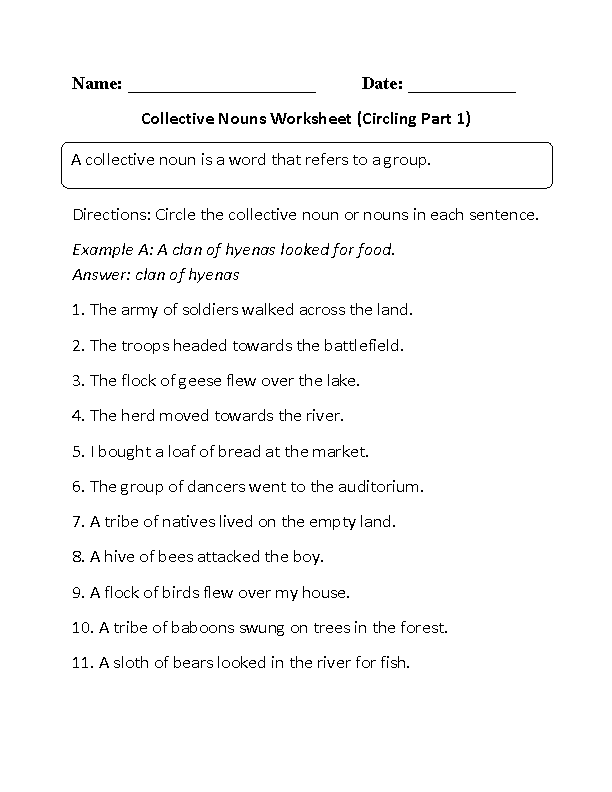 Collective Nouns Worksheets