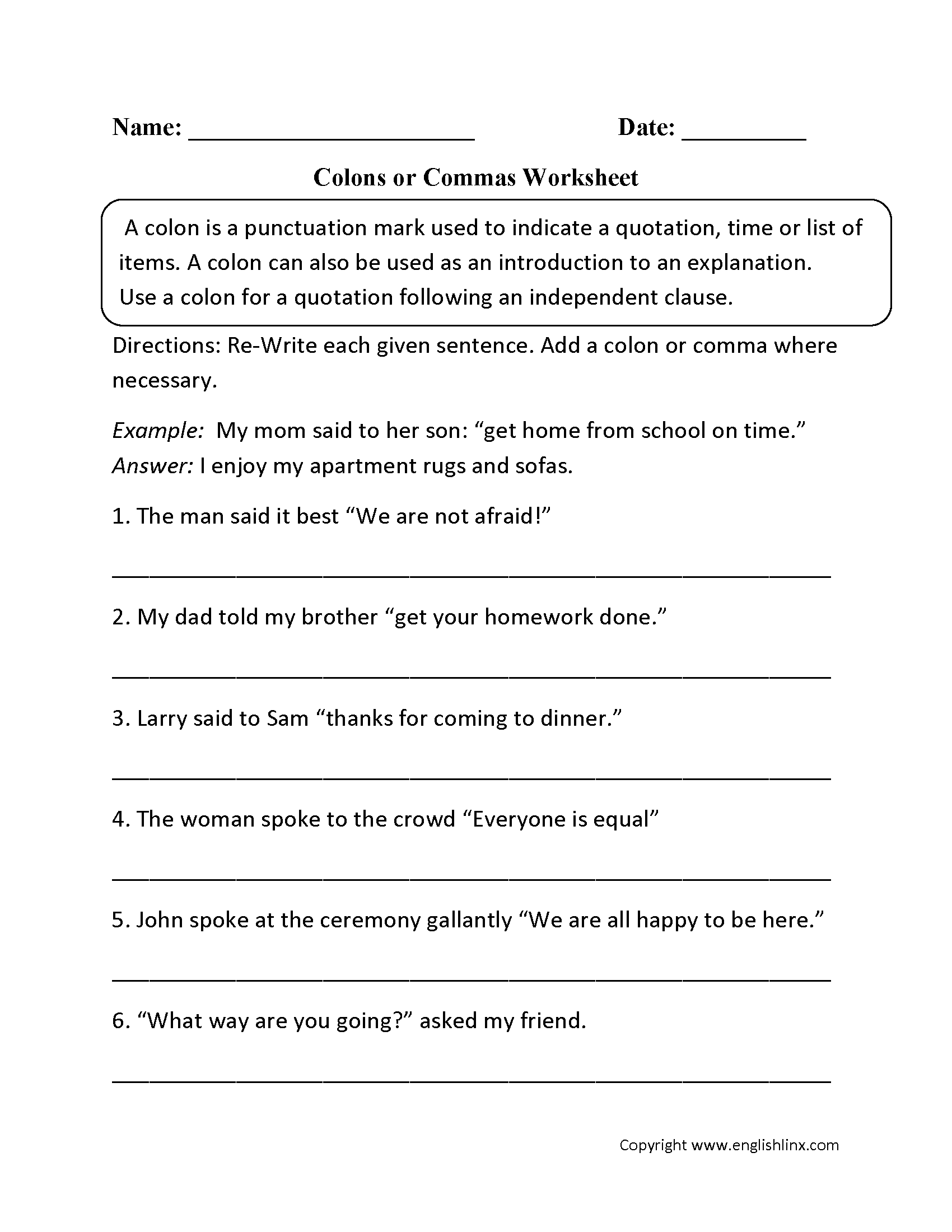 Colon or Comma Worksheets