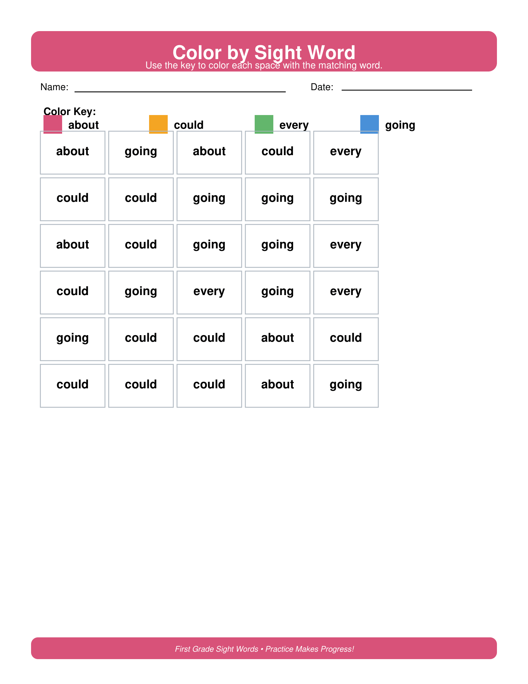 Color by Sight Word First Grade Sight Words Worksheets