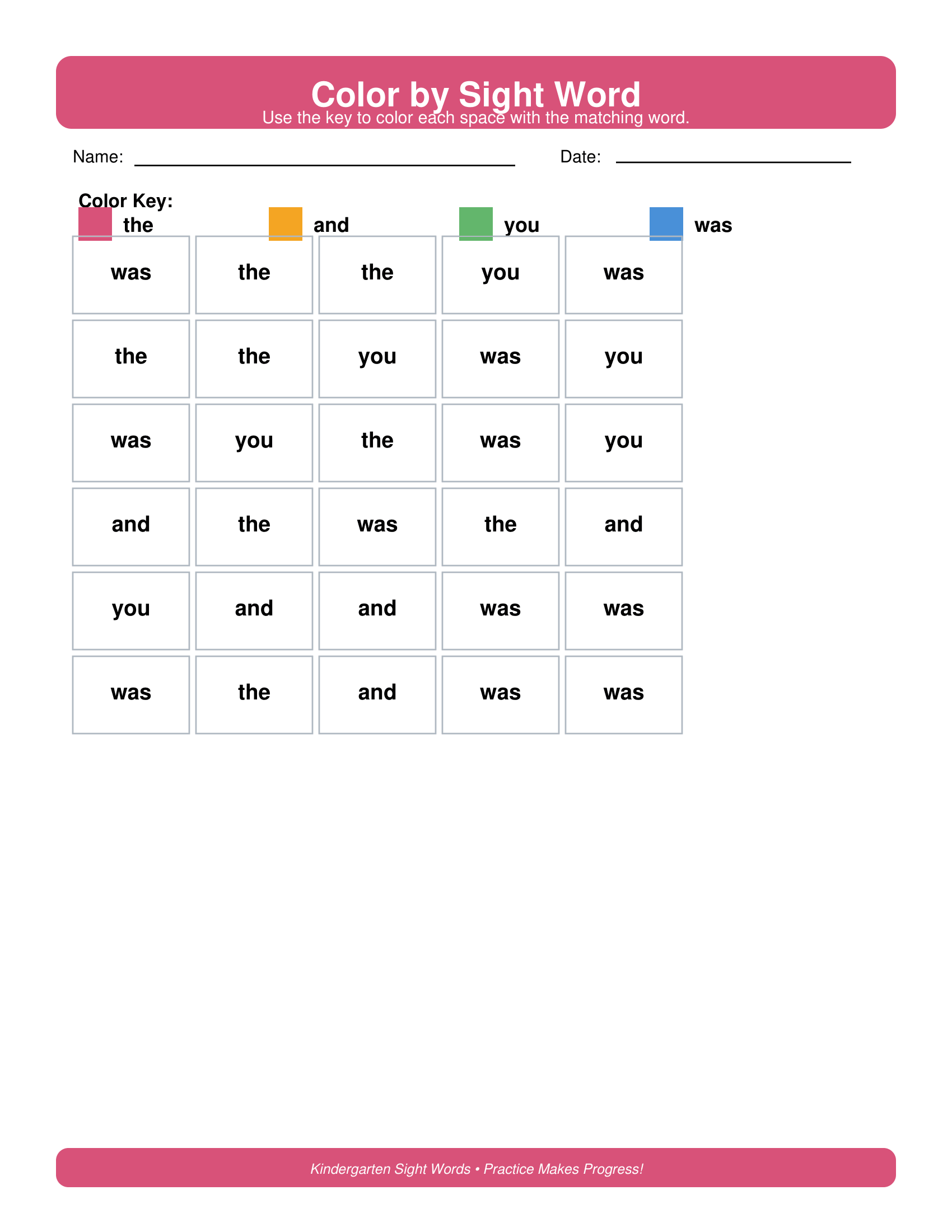 Color by Sight Word Kindergarten Sight Words Worksheets
