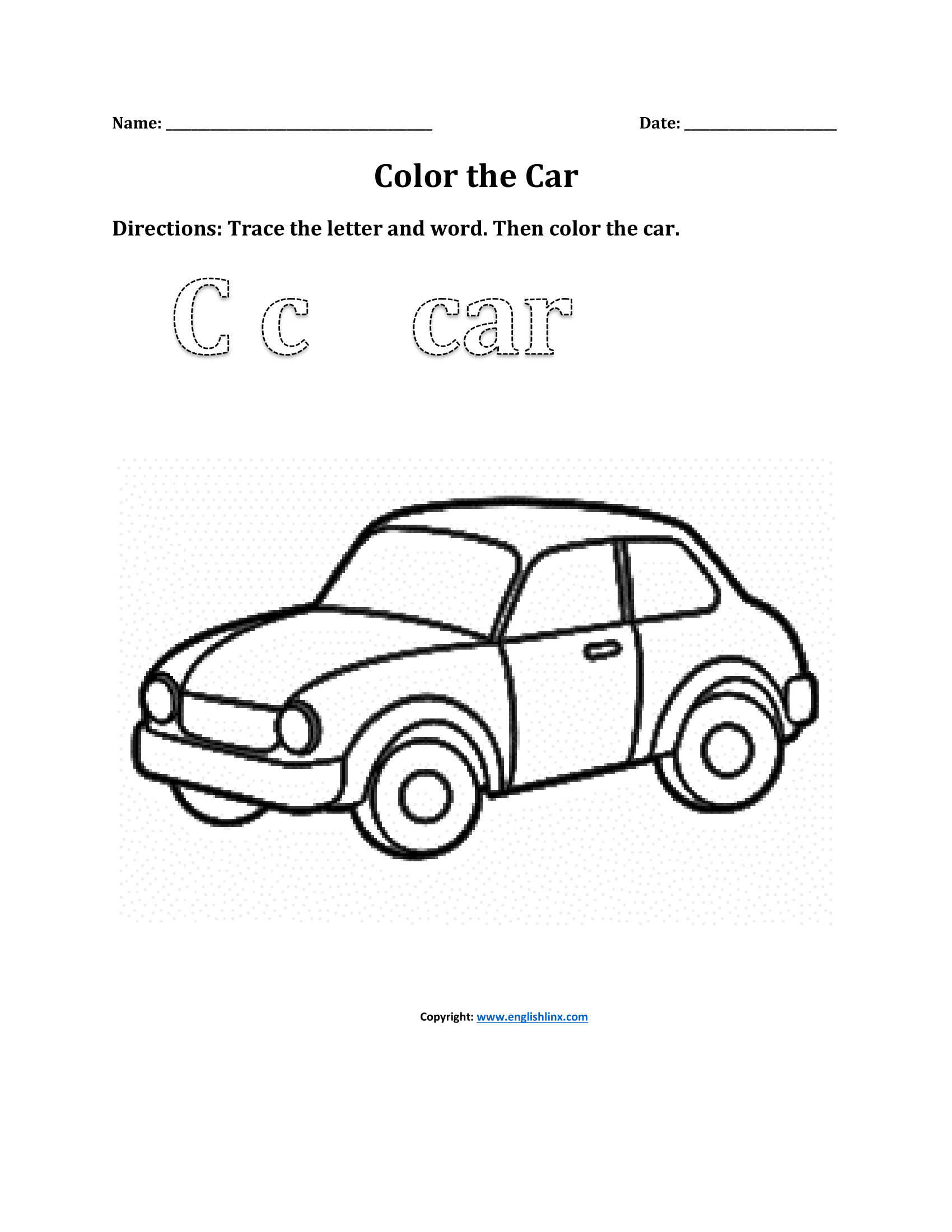 Color the Car Phonics Worksheets for Nursery
