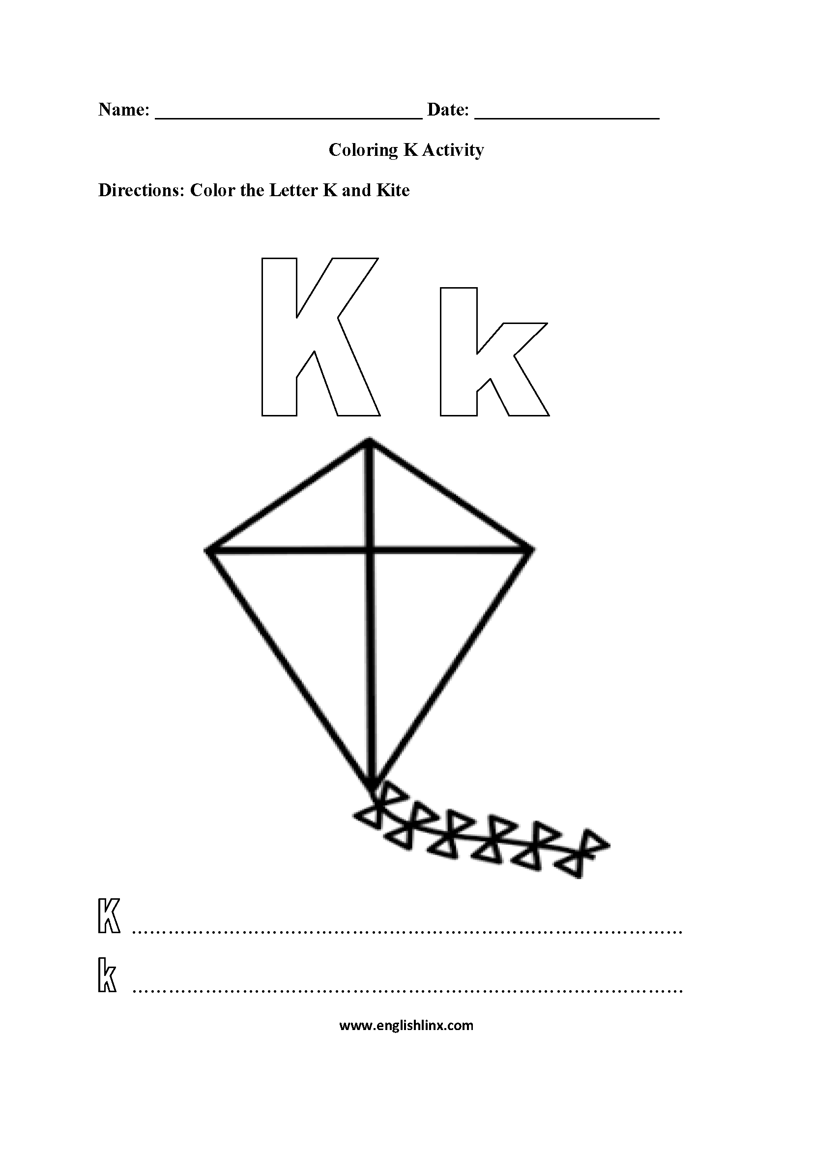 Letter K Alphabet Coloring Pages Worksheets